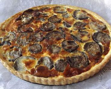 Tarte chorizo, aubergines confites et champignons