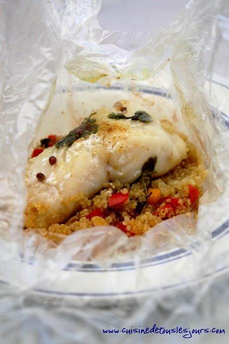 Papillotes de lingue au poivron, quinoa et ras el hanout