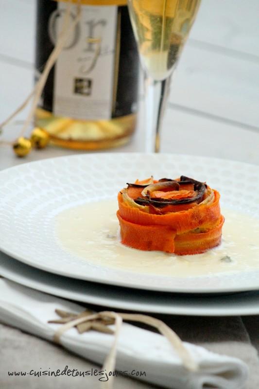 Veau et butternut façon parmentier, rosace de carottes anciennes et sauce au Bleu de Bellevue pour Brin d'Herbe