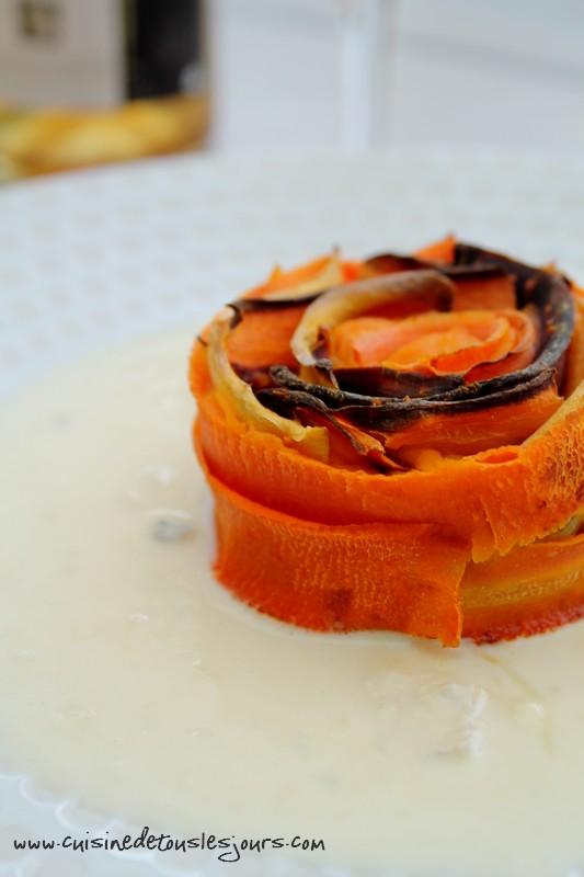 Veau et butternut façon parmentier, rosace de carottes anciennes et sauce au Bleu de Bellevue pour Brin d'Herbe