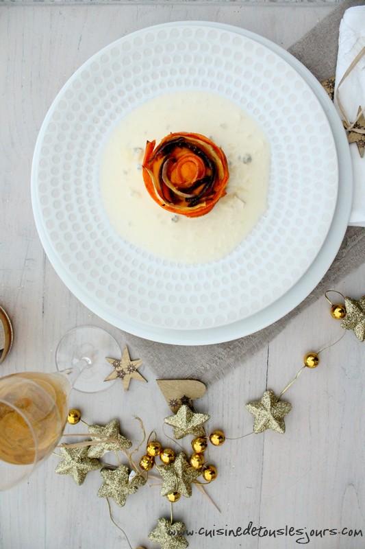 Veau et butternut façon parmentier, rosace de carottes anciennes et sauce au Bleu de Bellevue pour Brin d'Herbe