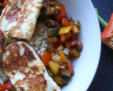 Blé aux légumes du sud et Halloumi grillé.