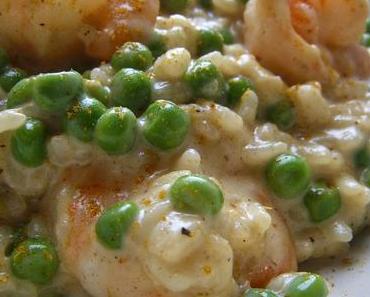 Risotto aux scampis et petits pois, lait de coco et Curry.