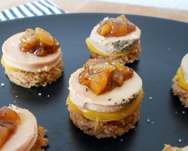 Bouchées apéritives pain d'épices maison, foie gras LARTIGUE ET FILS, mangue fraîche et compotée de mangue maison