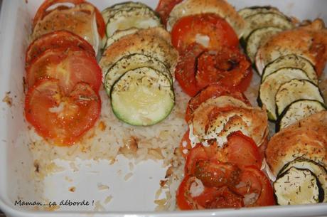 Tian courgette tomate et chèvre sur lit de riz