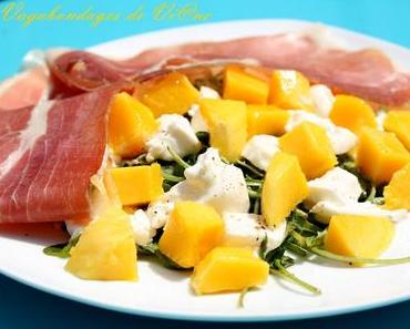 Burrata, mangue et jambon