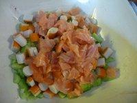 Salade de pâtes-saumon-surimi-concombre 