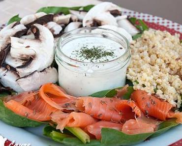 Salade composée truite fumée, champignons et boulgour