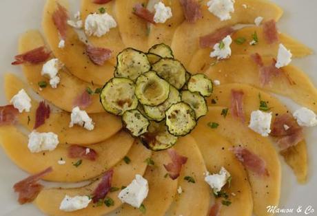 Carpaccio de melon, chèvre et chips de courgettes