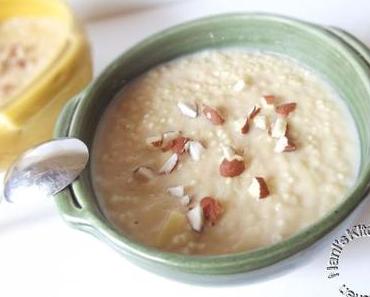 Dessert au lait d’amandes caramel, perles du Japon, pommes et amande