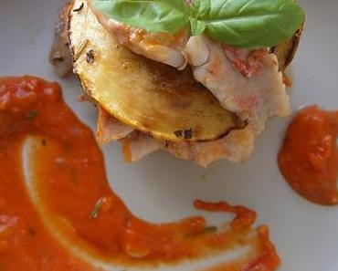 Mille-feuille au 2 courgettes et Rouget Barbet, coulis de tomates. [Battle Food #35]