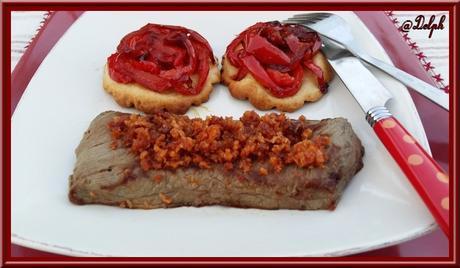 Boeuf au Crumble de Chorizo et Tatins de Poivrons