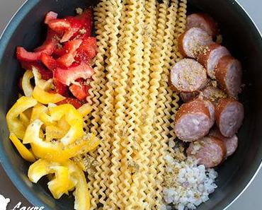 One Pot Pasta à la saucisse de Montbéliard et aux poivrons