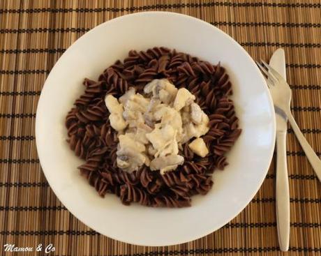 Émincé de poulet à la crème et pâtes au cacao