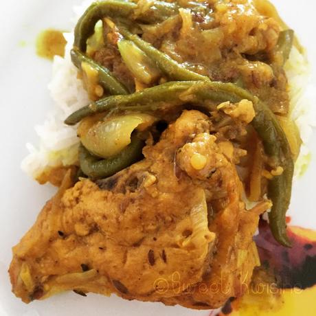 Sweet Kwisine, poulet, colombo, colbou, curry, graines à roussir, pâte à colombo, cuisine antillaise, martinique, aubergine, haricots verts