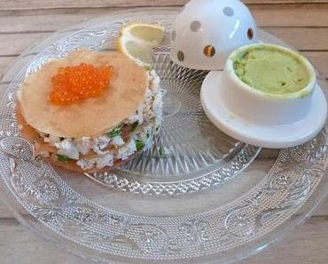 Millefeuille au saumon fumé-crabe et sa crème glacée à l'avocat / Crab and smoked salmon millefeuille and its avocado ice-cream