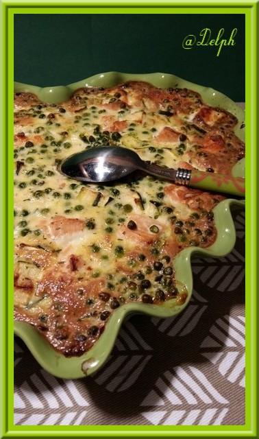 Clafoutis au saumon, courgettes et petits pois