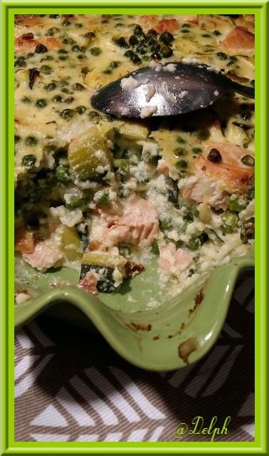 Clafoutis au saumon, courgettes et petits pois