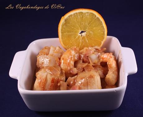 Poêlée de Saint-Jacques et crevettes à l'orange et à la vodka