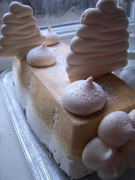 Bûche glacée au praliné, vanille et meringue.