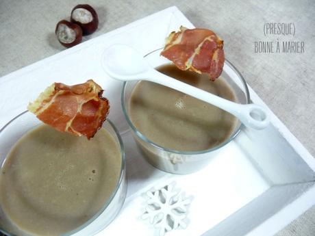 Velouté de champignons et châtaignes, chips de speck