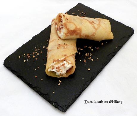 Crêpes roulés au caramel beurre salé, chantilly mascarpone et pralin croquant / Rolled-up crepe with its seasalted caramel, mascarpone Chantilly and crunchy praline