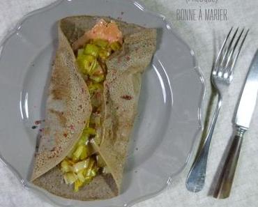 Galettes de sarrasin à la fondue de poireaux et truite fumée