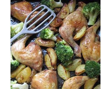 Cuisses de poulet au four, pommes de terre et brocolis