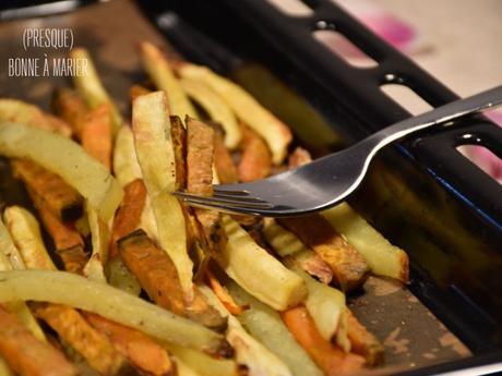 Frites tricolores de pommes de terre, patates douces et panais au four