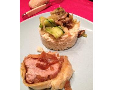 Filet mignon en croûte aux oignons confits & tagliatelles de courgettes