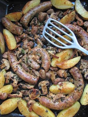 Saucisse de Toulouse confite & champignons au four