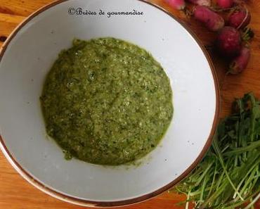 Pesto aux fanes de radis, roquette et noix {Recette Zéro Déchet}