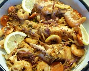 ღ " Miam" Saumon aux graines et crevette sauce à la gelée de piment d'espelette et ses 2 choux