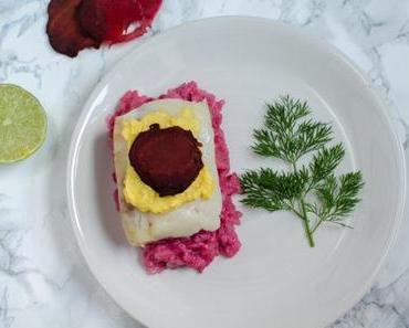 Pavé de cabillaud, sauce hollandaise light et risotto à la betterave