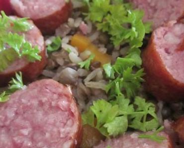 Salade de lentilles, riz complet & saucisse fumée