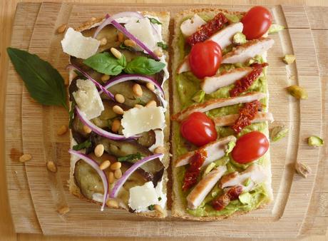 Tartines printanières : guacamole, poulet, tomates séchées et pistaches