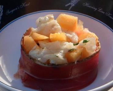 Tartare de dos de cabillaud, melon et jambon cru
