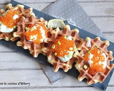 Gaufres et chantillys salées (citron et avocat) aux œufs de truite / Lemon and avocado Chantilly and trout eggs waffles