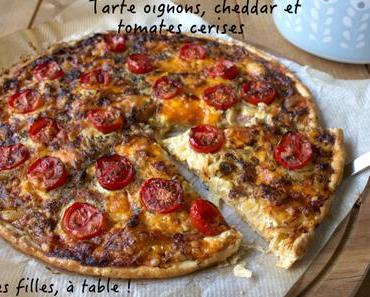 Tarte oignons, cheddar et tomates cerises