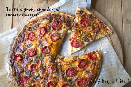 Tarte oignons, cheddar et tomates cerises