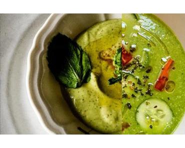 Deux soupes d’été « green » – Gaspacho vert et Velouté de fèves à la menthe