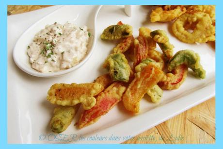 Beignets d’encornets et de poivrons tricolores à la crème d’estragon et paprika doux