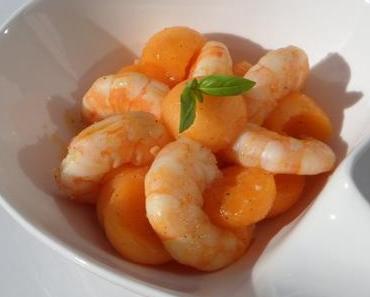 Billes de melon rôties et gambas