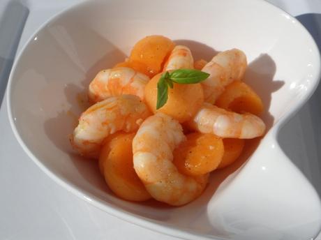 Melon, gambas, épices cajun, entrée