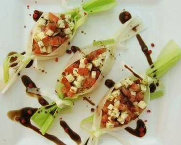 Tomate-mozzarella en barquettes de poireaux