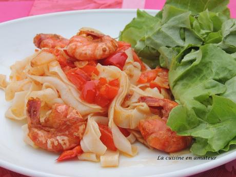 Crevettes flambées au Pastis et tagliatelles de riz