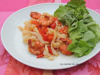 Crevettes flambées au Pastis et tagliatelles de riz