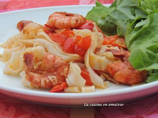 Crevettes flambées au Pastis et tagliatelles de riz