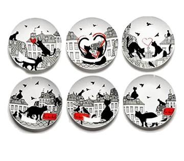 Set de 6 Assiettes Motif Chat Toit Porcelaine 21,5 cm