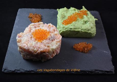 Mousseline de petits pois et tartare aux 2 saumons